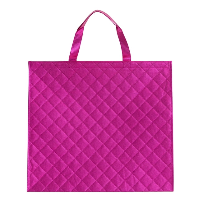 Walmart Large Quilted Reusable Shopping Bag, Grocery Tote Bag, Cheeky Pink quilted non-woven polypropylene grocery tote with wide gusset; measures 19.5" L x 8" W x 17.5" H (49.5 x 20.3 x 44.5 cm). Reinforced loop handles for hand or shoulder carrying, supports up to 10 kg, ideal for market runs and everyday storage; also often used for organizing linens or work supplies.
