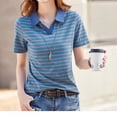 thumbnail image 4 of Fgnfyis T-Shirt à Manches Courtes Rayé pour Femme, Col Rond Décontracté, Haut pour Usage Quotidien Printemps Été Automne, Blouse Confortable avec Design de Col Classique, Hauts pour Femmes Décontractés Bleu G, 4 of 5