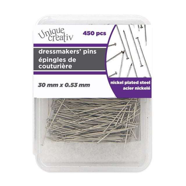 UNIQUE CREATIV Dressmakers’ Pins, 450-pack of 30 mm by 0.53 mm extra-fine ball point pins made of nickel-plated steel in a clear plastic box with a white and purple label, designed for knit sewing to prevent fabric snags and often used in home garment projects.