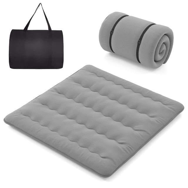 Costway King Futon Mattress Japanese Floor Pad in gray, featuring a 5-layer design with quilted craftsmanship for even weight distribution. Made of high-density polyester fabric, it offers superior comfort and support. Includes a removable, washable dustproof cover, two bandages, and a carry bag for portability. The mattress measures 80 inches by 78 inches by 4 inches and can be rolled up for compact storage. Suitable for camping, dormitories, or home use.