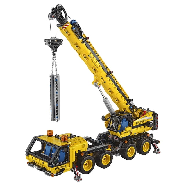 LEGO Technic 42108 Mobile Construction Crane Vehicle 1292 Piece Building Set showcasing a realistic yellow and black crane model with 8-wheel steering, 4 outriggers, a telescopic arm, and a hoist carrying a concrete pillar. This building play set is ideal for ages 10 and up, offering a challenging build and engaging construction toy functionality.