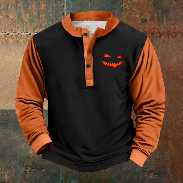 Men's Retro Halloween Quarter Button Collar Sweatshirt Haunted House Acting Essential Partially Buttoned Pullover Vintage Horror Print Last-Minute Halloween Party