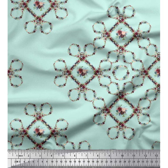 Soimoi Green Moss Georgette Fabric Floral Wreath Geometric Print Sewing Fabric Yard 44 Inch Wide
