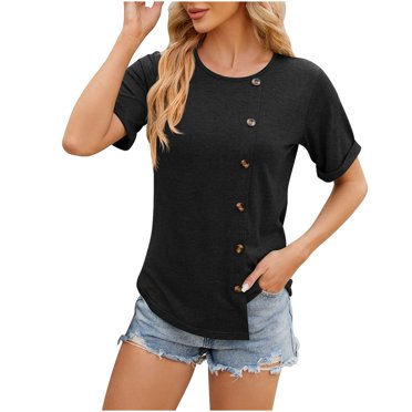 FAIWAD Women's Plus Size Summer Tops Short Sleeve Round Neck Side Split Button Casual Tunic Tops
