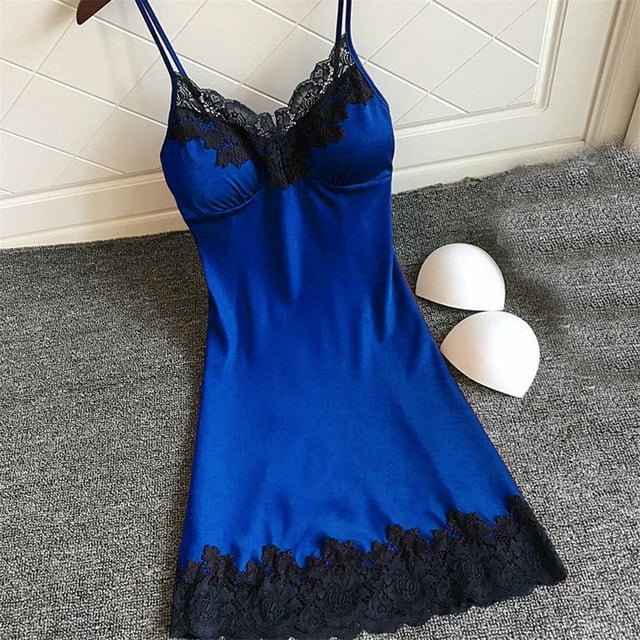 LSLJS Nuisette en Satin pour Femmes Dames Tenue de Nuit Nuisette Lingerie Aguichant avec Coussinets de Poitrine, Robe de Pyjama pour Femmes