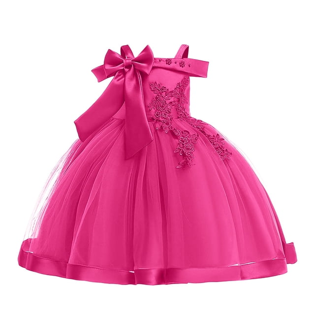 Robes Fille Robe Formelle Fille Rose Vif Robe Fille Chic Robes pour Filles Robes pour la Journée des Enfants pour Filles Mode Fille. une Robe Formelle Rose Vif Vibrante pour Filles avec une Jupe en tulle, une Broderie en Dentelle Florale et un design à Épaules Dénudées avec des Bretelles Élastiques. la Robe Comprend un Grand Nœud en satin au Dos et une Fermeture Éclair Lisse pour un Enfilage Facile. Convient aux occasions comme les Mariages, les Fêtes, les Anniversaires et les Concours.