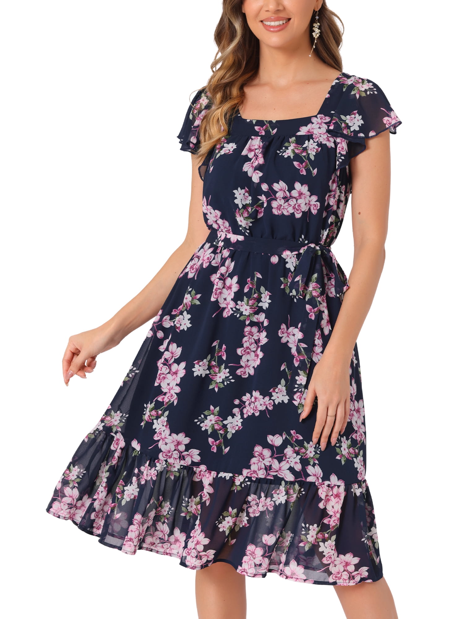 INSPIRE CHIC Robe pour Femme Florale à Encolure Carrée Manches Volantées Style Casquette Midi à Volants Robe d'Invitée de Mariage L Bleu Rose