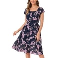 thumbnail image 1 of INSPIRE CHIC Robe pour Femme Florale à Encolure Carrée Manches Volantées Style Casquette Midi à Volants Robe d'Invitée de Mariage S Bleu Rose, 1 of 6