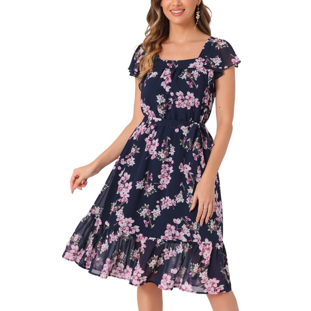 INSPIRE CHIC Robe pour Femme Florale à Encolure Carrée Manches Volantées Style Casquette Midi à Volants Robe d'Invitée de Mariage S Bleu Rose