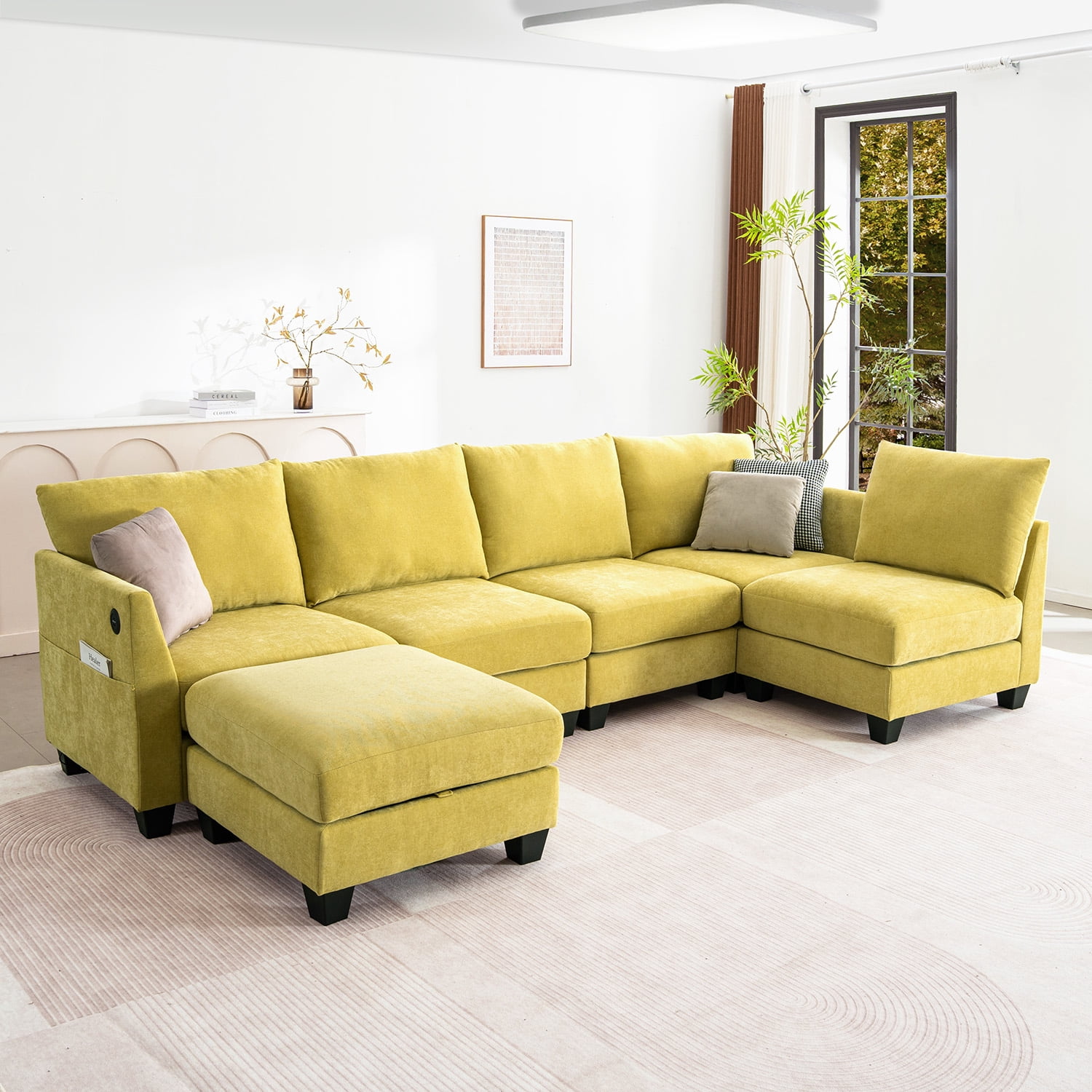 Canapé d'angle modulaire en forme de U 315 cm, 6 places, avec pouf de rangement et ports USB, jaune