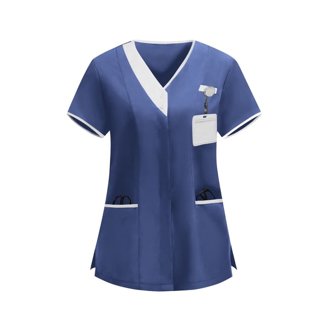 Craaazy Plus Size Women's Solid Color Nursing Scrub T-shirts with Contrast V-Neck and Multi Pockets for Medical Work Gift