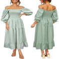 thumbnail image 1 of Robe Bohème Fluide pour Femmes à Manches Bouffantes, Épaules Dénudées, à Carreaux, à Volants, Robe Midi, Robes d'Invitée de Mariage, 1 of 6