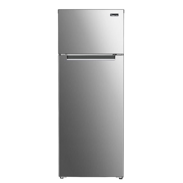 Magic Chef 7.3 Cu. ft. 2-Door Mini Refrigerator with Freezer in platinum steel finish, featuring a top freezer compartment and spacious bottom fridge with recessed handle, ENERGY STAR certified and suitable for compact kitchens or office spaces.