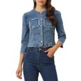 thumbnail image 1 of INSPIRE CHIC Veste Courte en Denim pour Femme à Col Rond Manches 3/4 Veste en Jean Décontractée Effilochée Bleu P, 1 of 5
