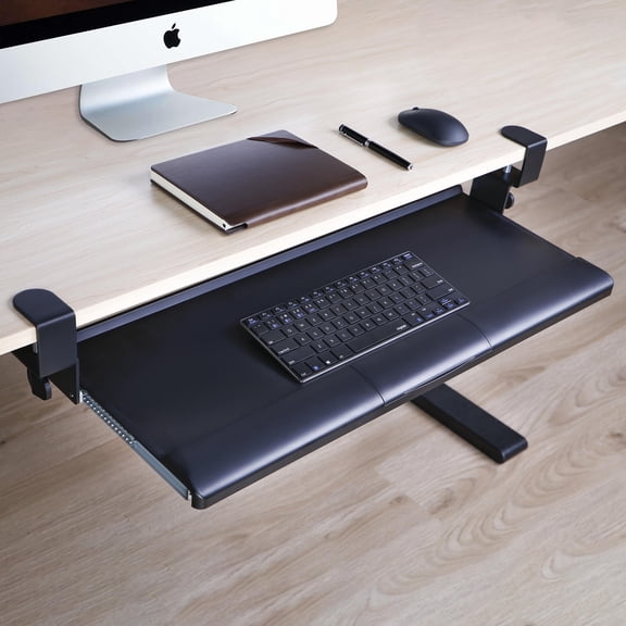 26.8 x 11.1 inch Keyboard Tray Under Desk, Keyboard & Mouse Tray Stand Slide Pull Out with C Clamp and Storage Compartment for Home Office