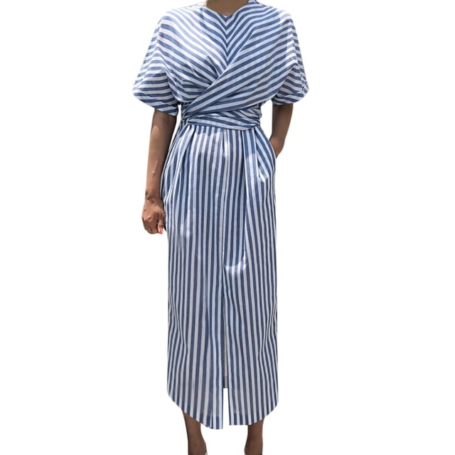 XZNGL Robe d'Été en Coton pour Femmes Été Coton Bleu à Rayures Bandage Fendue Longue Robe Longue Robe Longue pour Femmes Été Robe Bleue pour Femmes Été Été Longue Robe pour Femmes