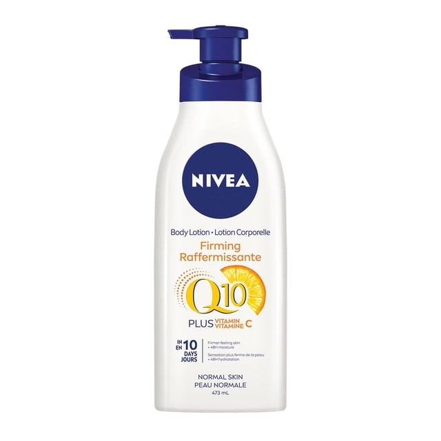 NIVEA Firming Body Lotion Q10 Plus Vitamin C in a white 473 mL pump bottle with blue cap, formulated for normal skin to improve firmness and elasticity in 10 days with antioxidant-rich shea butter and 48-hour moisture, ideal for daily body care.