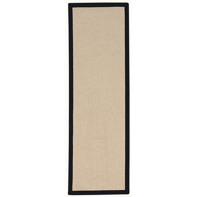 Athena Natural Wool & Black PU 2'6" x 12' Runner with a natural beige wool center and black faux leather binding, tufted and bound in the USA, designed for hallways or long bathrooms, durable for repeated foot traffic and suitable for layering in transitional home styles.