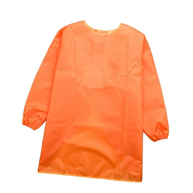 Kids Smock Painting Drawing Bib Waterproof Apron in orange, size M, suitable for children 105-130cm tall. Made from lightweight, waterproof polyester taffeta fabric with a breathable TPU layer. Features long sleeves and a loose fit for comfortable wear during arts and crafts activities like painting or playing with water and sand.