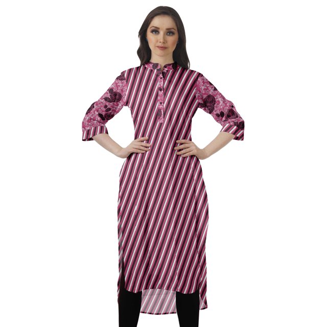 Moomaya Tunique en Coton à Manches Retroussables pour Femmes Kurti Imprimé Longueur Genou Kurta d'Été