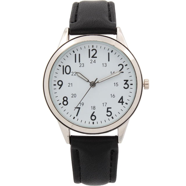 George Montre Analogique pour Homme avec Boîtier en Métal Argent de 35 mm, Cadran Blanc Présentant des Chiffres Noirs 12 Heures et 24 Heures, des Aiguilles Noires Heure et minute, une Trotteuse Fine, et un Bracelet en Cuir PU Noir avec Surpiqûres, Alimentée par Mouvement à quartz.