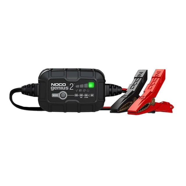 NOCO GENIUS2 Battery Charger, a compact and energy-efficient 6-volt and 12-volt charger rated at 2 amps, ideal for lead-acid and lithium-ion batteries in cars, motorcycles, boats, and more. Features precision charging with a thermal sensor, Force Mode for dead batteries, and battery restoration. Includes black and red clamps for secure connection.