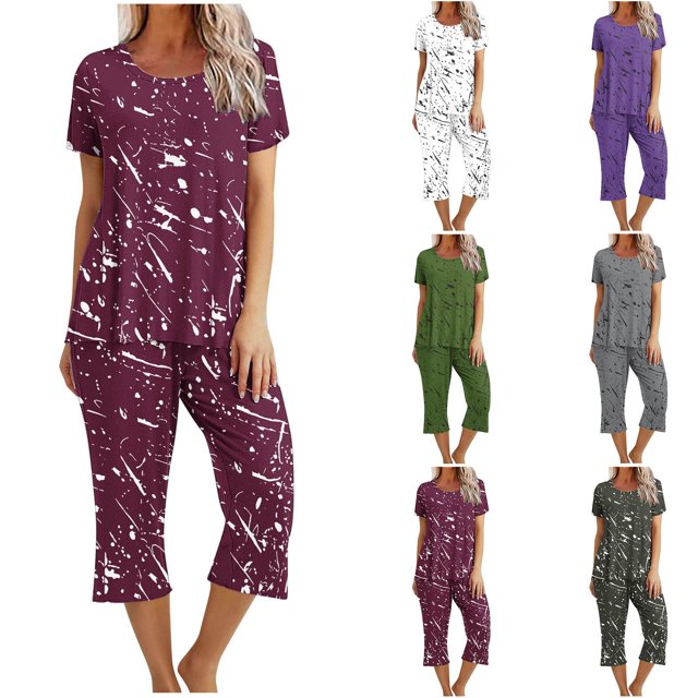 Économies d'Été Liquidation Iumwxz Pyjamas Décontractés Fluides Tenues Grande Taille Tenues d'Été Mode Graphique Col Rond Manches Courtes Taille Élastique Pantalons Raccourcis Ensembles Assortis pour Fête Dames