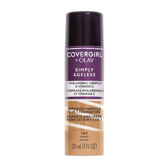 COVERGIRL Simply Ageless 3-in-1 Liquid Foundation infused with hyaluronic complex, vitamin C, and niacinamide in shade 265 Tawny, 30 mL (1 fl oz) bottle with purple cap and clear base showing beige foundation, hydrating formula that reduces wrinkles and evens skin tone, often used for a youthful, radiant complexion.
