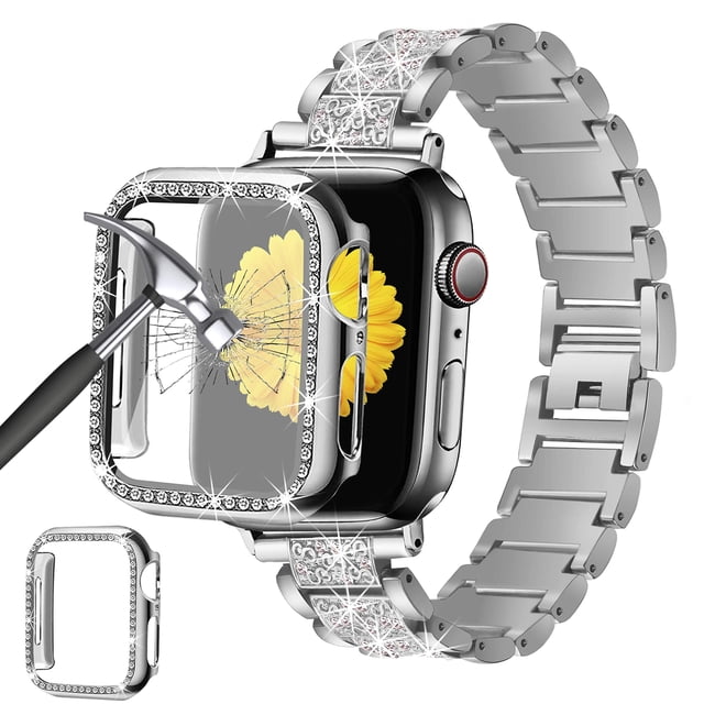 Antank Compatible for Apple Watch Series 7 45mm Band with Screen Protector Case Jewellery Replacement Metal Strap & 2-Pack Bling Full Cover Protective Case
