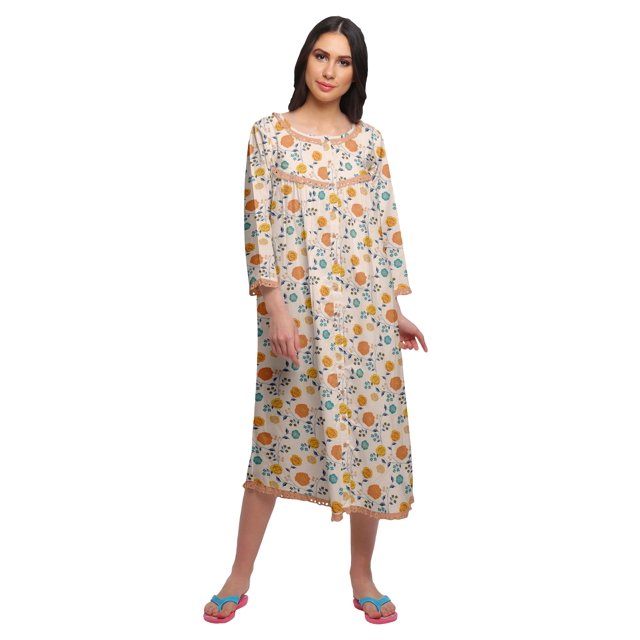 Moomaya Robe de Nuit Imprimée Longueur Genou en Coton avec Bordure en Dentelle Manches 3/4 pour Femmes