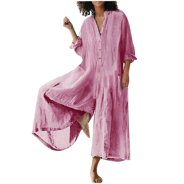 Yuyuzo Combinaisons en Lin pour Grande Taille pour Femme Manches Courtes V Col Rompers Bouton vers le Bas Robe Décontractée