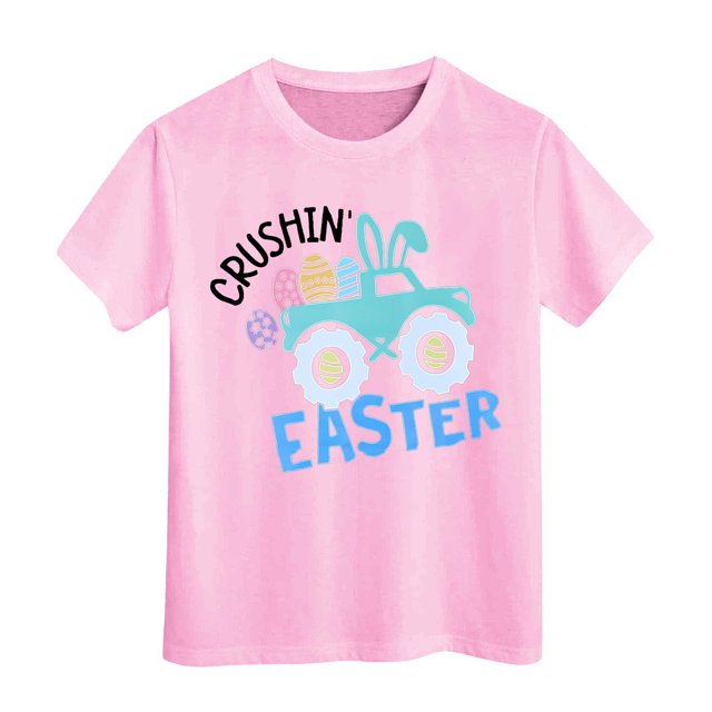 PMVFHDE Tenue de Pâques Fille T-Shirt Graphique de Pâques / Imprimé Lapin et Oeuf Manches Courtes Col Ras du Cou / T-Shirt de Fête en Coton Doux pour Tout-Petit / Tenue Décontractée Printemps Été Rose, 3-4 Ans