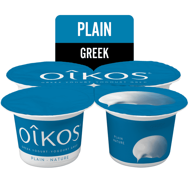 Oikos Greek Yogurt, Plain, 2% M.F. four-pack with blue containers and white text, featuring the brand and plain nature flavor. Contains 9 grams of protein per 100g, made with 100% Canadian milk, no artificial preservatives, suitable for snacking or versatile recipes.