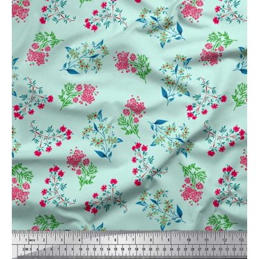Soimoi Satin Silk Fabric Leaves & Pink Flower Floral Decor Fabric Printed Yard 42 Inch Wide