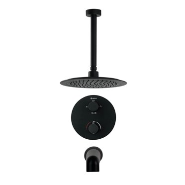 Round 3-functions thermostatic valve, shower heads 9.5-in, bath spout or simultaneously, Matte black finish