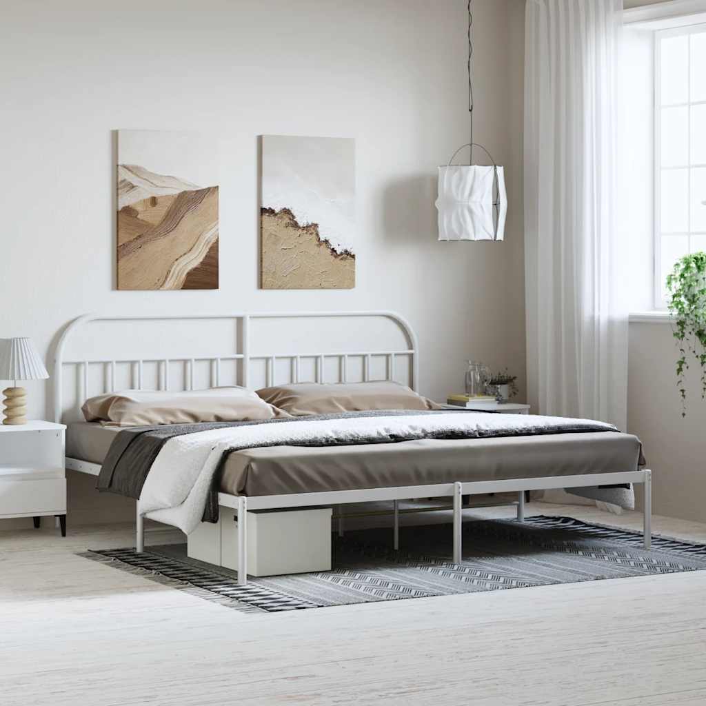 vidaXL Metal Bed Frame with Headboard White 193x203 cm