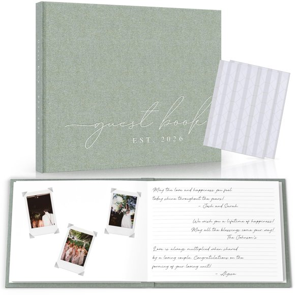 Wedding Guest Book With Personalized 2026 Year - Linen Photo Guestbook to Sign at Reception Party - Includes Clear Photo Corners Self Adhesive - 100 Pages Blank and Line
