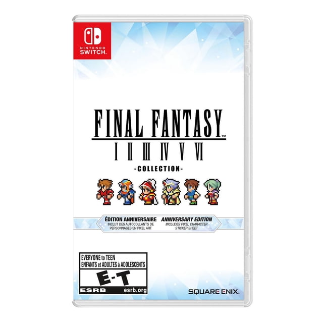 Édition Anniversaire de la Collection Final Fantasy I-VI, Étui de Jeu Nintendo Switch avec devant et Personnages en pixel art des six Titres Classiques, Fond Blanc, logo Nintendo Switch en Haut à Gauche, Cote E-T ESRB, et Image de Marque Square Enix en Bas à Droite, Comprend une Feuille d'Autocollants de Personnages en pixel.