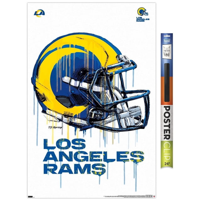 NFL Los Angeles Rams - Affiche Murale « Drip Helmet 20 », 14,725 Po x 22,375 Po Encadrée avec un Casque de football des Los Angeles Rams Orienté vers l'Avant, Effet de Peinture Goutte Jaune et Bleue, Texte Bleu Usé « Los Angeles Rams » Ci-Dessous, et de Petits logos d'Équipe dans les Coins Supérieurs sur Fond Blanc, Convient à la Déco Intérieure à Thème Sportif.