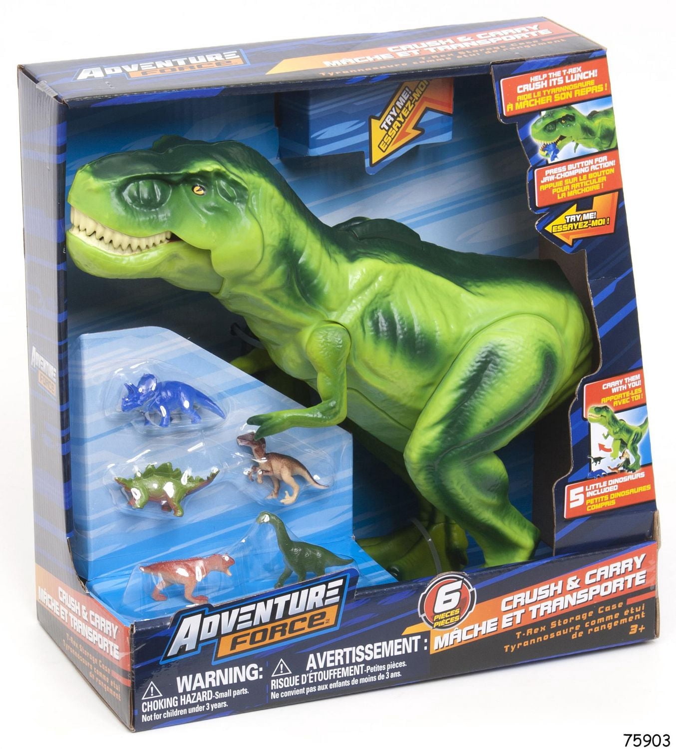 L'expédition a écrasé le coffre du tyrannosaure avec le petit dinosaure.