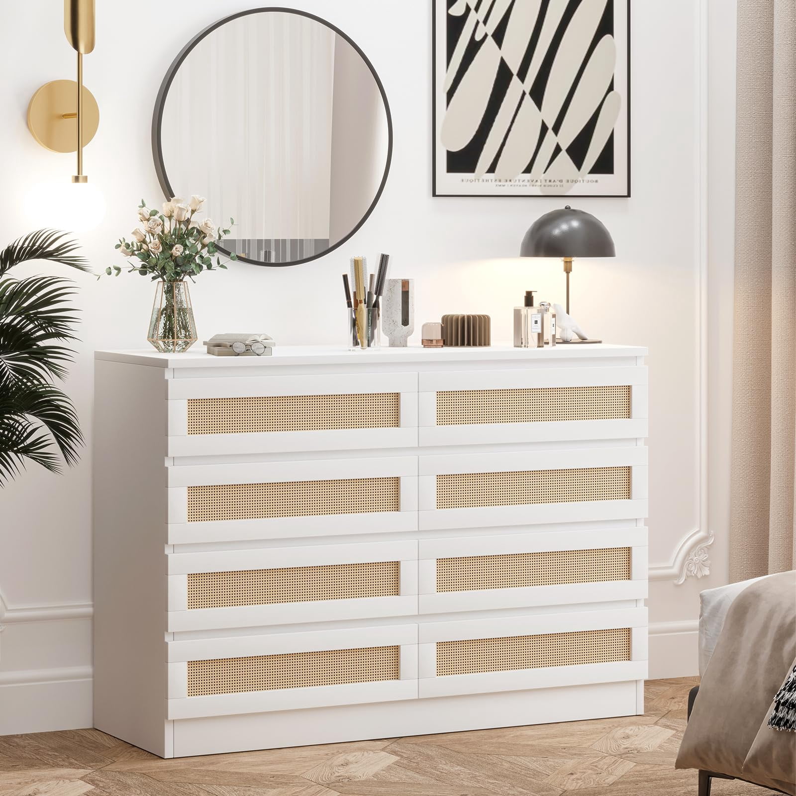 Rattan Dresser for Bedroom, Closet, Wooden Dresser with 8 Drawers, Modern Chest of Drawers with Large Storage, for Apartments, Small Spaces