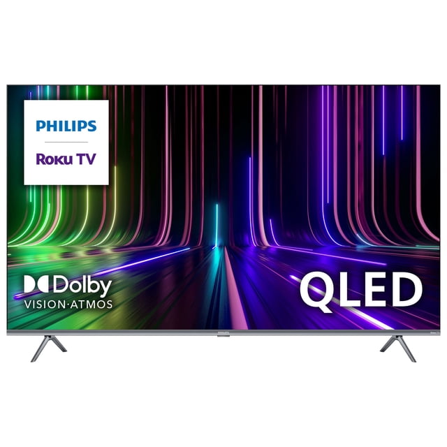 Philips 55" 4K UHD HDR QLED Roku Smart TV, Dolby Vision, Voice Remote, 60Hz (55PUL7973/F6) - Open Box A centered front-facing 55-inch QLED flat-panel TV with slim black bezels and two-leg stand, 4K Ultra HD Quantum Dot display with Dolby Vision and HDR10, Roku TV platform, built-in Wi‑Fi and voice remote, multiple HDMI inputs and DTS audio; often used as a living-room or dedicated gaming screen.