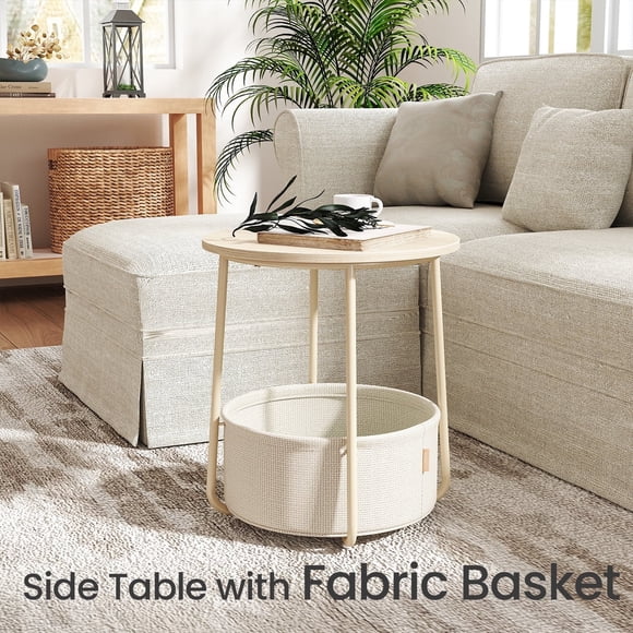 LEDREM Modern Round Accent Table with Fabric Storage Bin, Compact Nightstand for Bedroom & Living Area, Space-Saving Furniture with Patented Design, White