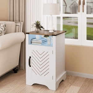 LED Table de chevet avec borne de recharge, Table de côté en bois de ferme, Table à coucher avec armoire de rangement et plateau, Table d'extrémité rustique pour chambre à coucher, Salon, Chêne blanc et rustique