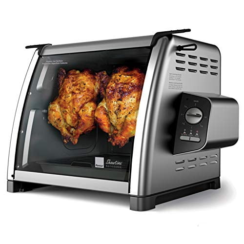 Ronco Showtime Four à Rôtissoire et BBQ de Grande Capacité Édition Moderne avec un design Épuré en Acier Inoxydable et une Porte avant Transparente Mettant en Vedette Deux Poulets Rôtis à l'Intérieur. Comprend des Commandes à Interrupteur Simples, un Lien de Porte en silicone et un Panier Polyvalent. Conçu pour un Usage sur Comptoir, Il Accueille jusqu'à une Dinde de 15 Livres Ou Deux Poulets Entiers. Comprend un Arrosage Automatique, un Arrêt Automatique et des Pièces Allant au Lave-Vaisselle pour un Nettoyage Facile.