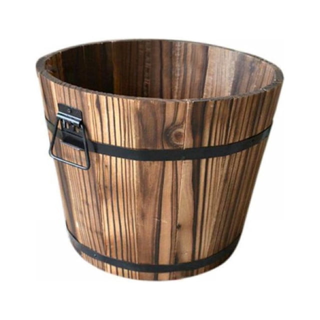 Retro Wooden Bucket Barrel Planters Wooden Planter Barrel Set Real Wood Indoor/Outdoor Flower Pot w/ Holes Different Sizes Large Garden Container Box