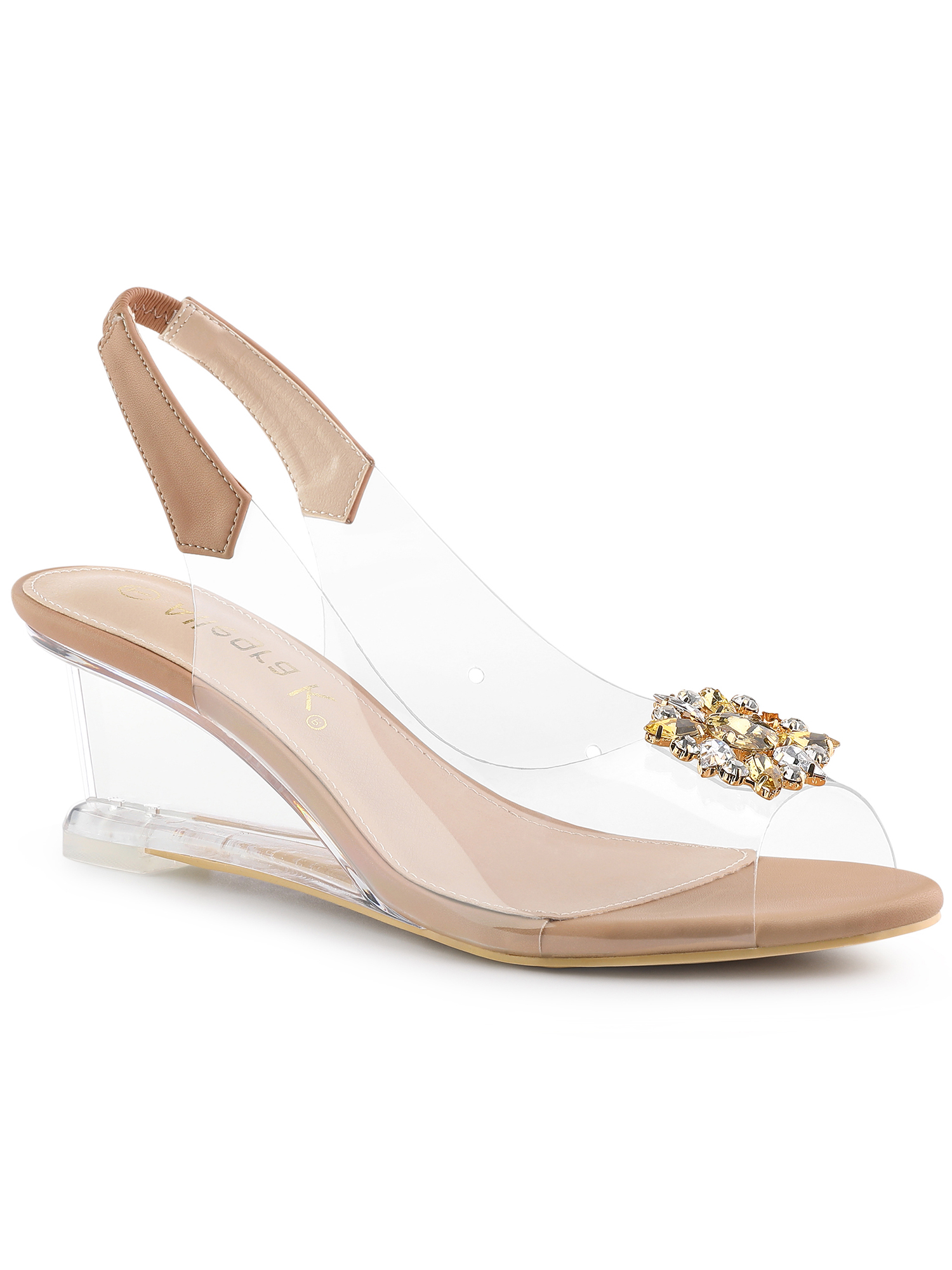 BLISSFUL STEP Chaussures pour Femmes Talons Compensés Transparents à Strass Bout Ouvert Slingback Chaussures Transparentes Nude 8
