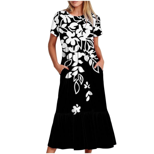 Dvkptbk Robes d'Été pour Femmes 2024 à Manches Courtes, Robes Midi Évasées, Robe T-Shirt Décontractée à Motif Floral, Robe de Plage Fluide avec Poches P-2TG