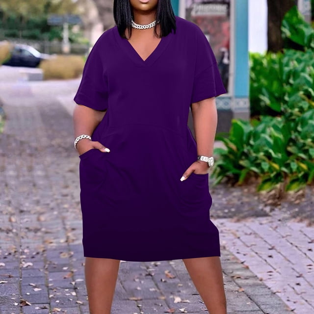 Robes pour Femmes Robe Grande Taille pour Femmes Col en V Été Décontractée Robes d'Été Poche Genou Manches Courtes avec Poches en Liquidation
