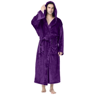 EQWLJWE Winter Men Robe with Hoodie Fleece Warm Big and Tall Plush Fleece Hooded Bathrobe with Sherpa and Two Large Front Pockets Unisex Nightgown Fleece Robe Couple Bathrobe